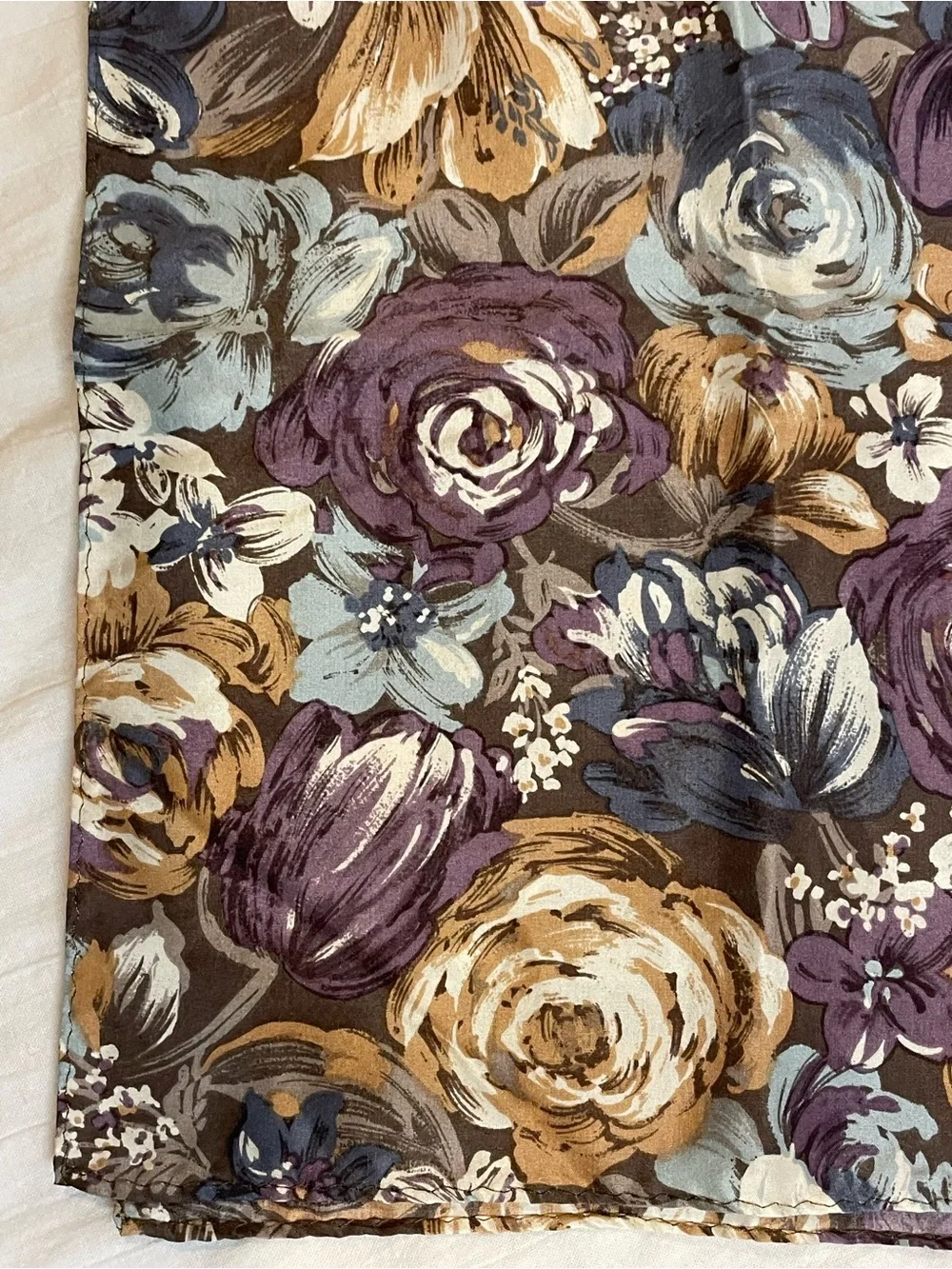 Vintage 100% Silk Floral Oblong Scarf Blue Purple Taupe 11” x 52” - Picture 4 of 7